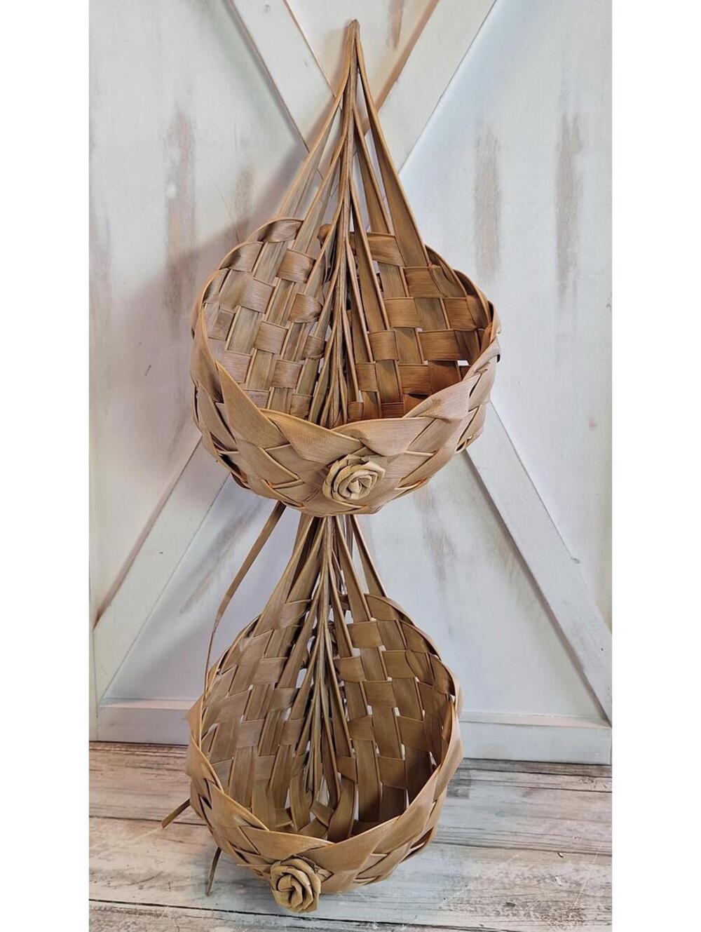 VTG Two Tier Braided Husks Wall Hanging Basket w/Husk Rose Buds 20"H